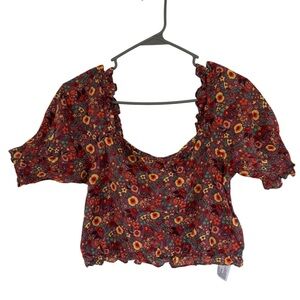 DISNEY Women's Burgundy & Floral Princess Crown Carriage Smocked Crop Top Size M